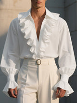 Men's Solid Ruffle Collar Patchwork Long Sleeve Shirt SKUL27259