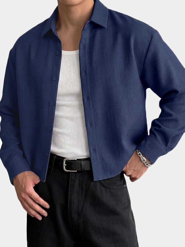 Men's High-Street Minimalist Aesthetic Structured Bamboo Slub Textured Cropped Long Sleeve Shirt SKUL73658