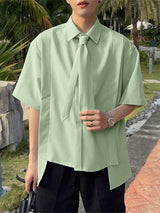 Mens Asymmetrical Hem Tie Short Sleeve Shirt SKUL11380