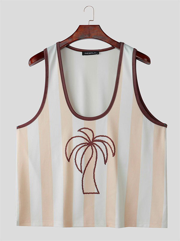 Mens Striped Palm Tree Print Tank SKUL07619