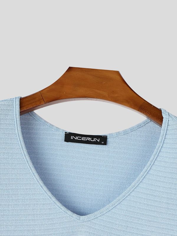 Men's Casual Horizontal Pleated Texture V-Neck Dropped Shoulder Loose Long Sleeve T-shirt SKUL72647