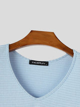 Men's Casual Horizontal Pleated Texture V-Neck Dropped Shoulder Loose Long Sleeve T-shirt SKUL72647