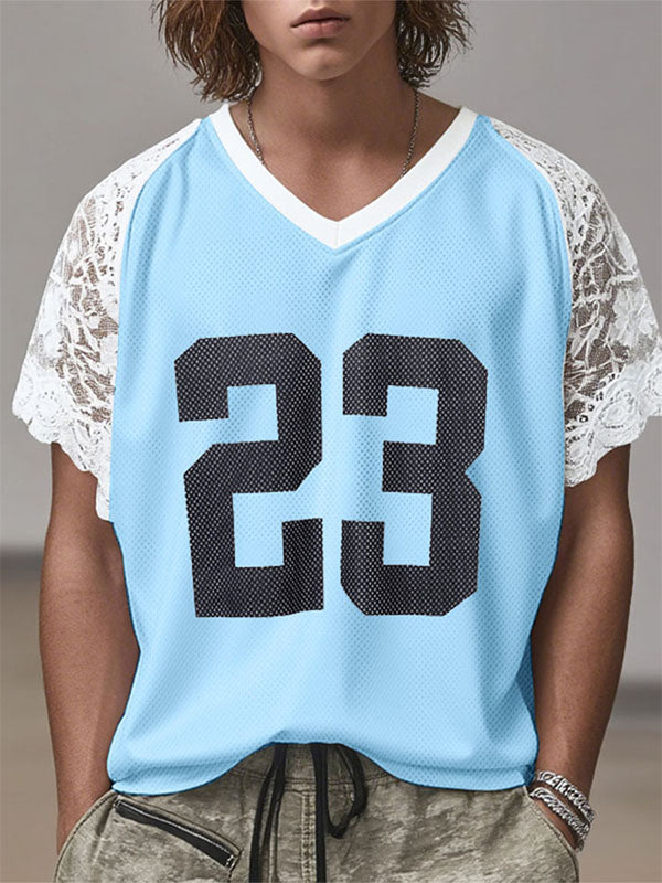 Men's Number 23 Lace Patchwork Short Sleeve T-Shirt SKUL19150