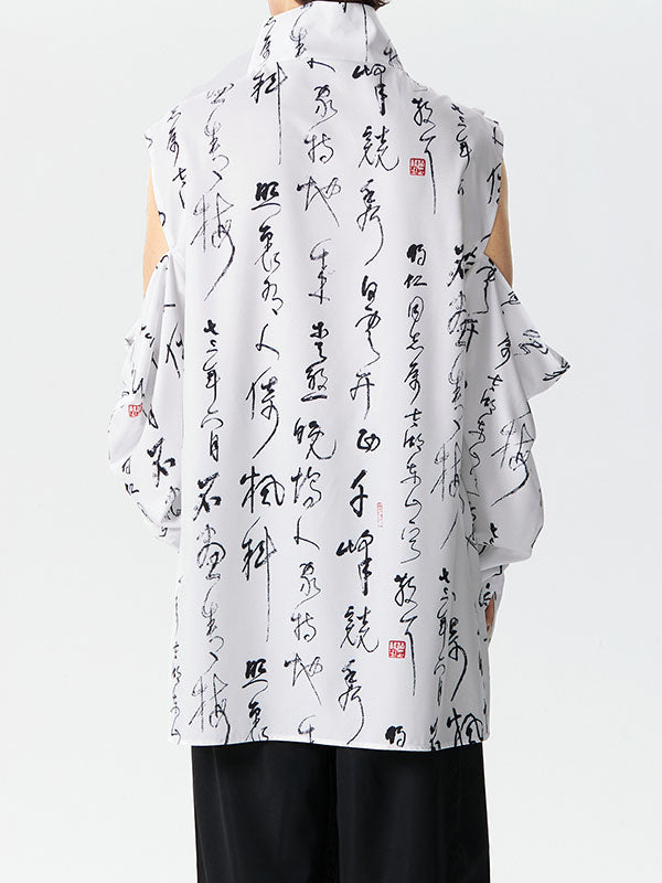 Mens Chinese Calligraphy Print Cutout Sleeve Shirt SKUK43010