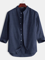 Mens Cotton Linen Striped Stand Collar Shirts SKUE65653