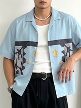 Men's Vintage Ethnic Block Printed Cuban Camp Collar Relaxed Fit Short Sleeve Shirt SKUL63056