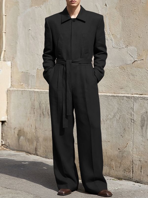 Men's Solid Color Lace Up Long Sleeve Jumpsuit SKUL52525