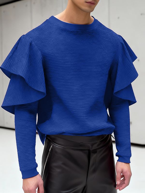 Men's Textured Ruffle Layered Crew Neck Long Sleeve T-shirt SKUL46331