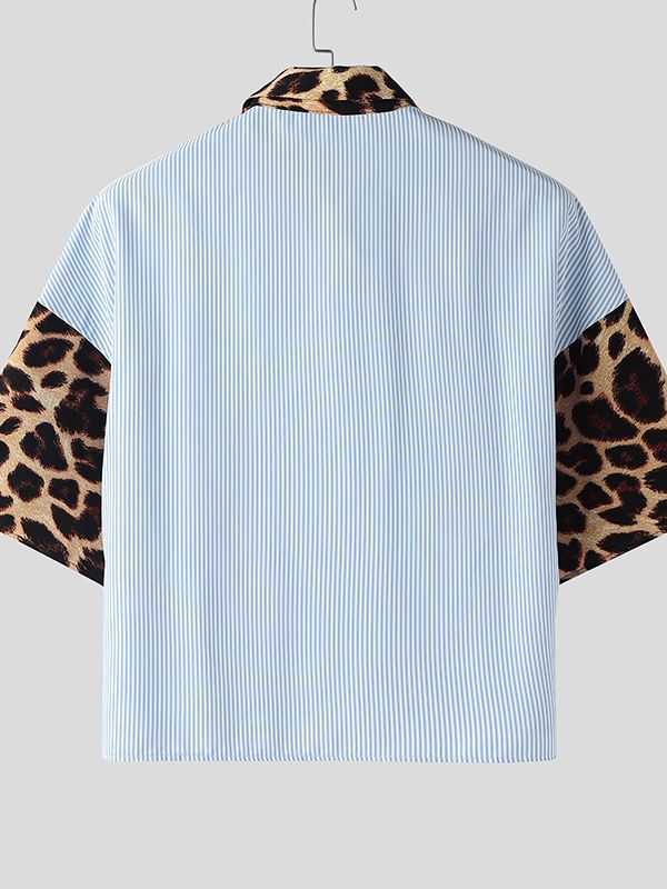 Men's Leopard Patchwork Stripe Short Sleeve Shirt SKUL47624