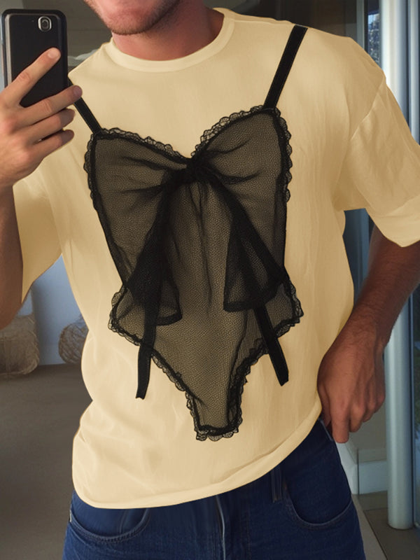 Mens Lace Patchwork Contrast Color Short Sleeve T-Shirt SKUL13959