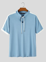 Men's Casual Ribbed Contrast Panel Drawstring V-Neck Short Sleeve Shirt SKUL73568