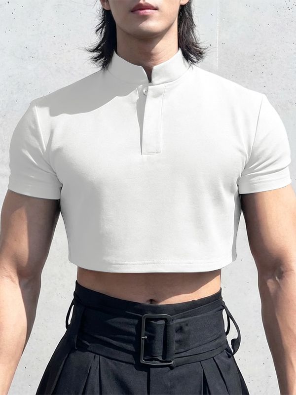 Men's Solid Color Stand Collar Cropped Short Sleeve T-shirt SKUL50078