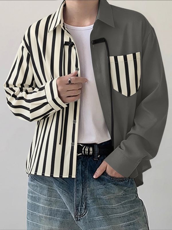Men's Stripe Contrast Color Frog Button Long Sleeve Shirt SKUL41046