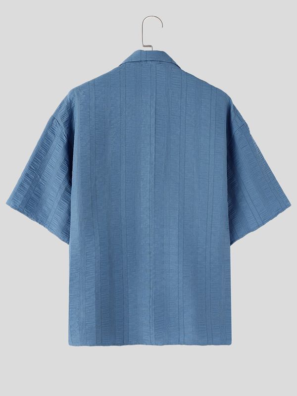 Men's Vintage Textured Drop Shoulder Cuban Collar Short Sleeve Shirt SKUL73655