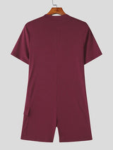 Men's Solid Color Textured Zipper Short Sleeve Bodysuit SKUL48695