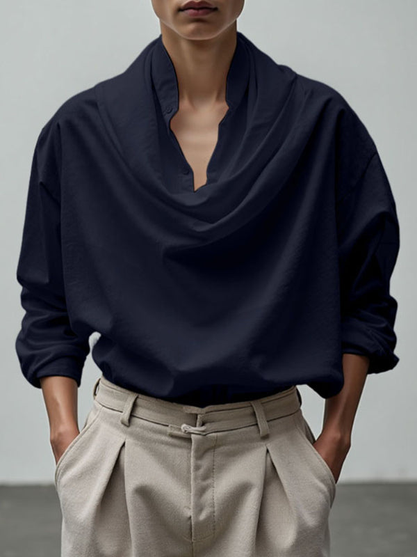 Men's Solid Color Cowl Neck Long Sleeve Shirt SKUL28173