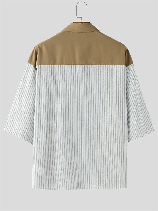 Mens Striped Patchwork Casual Short Sleeve Shirt SKUL15377