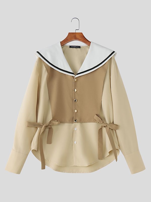 Men's Contrast Color Sailor Collar Long Sleeve Shirt SKUL46106