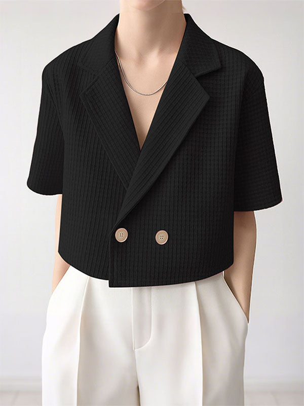 Men's Solid Color Textured Cropped Short Sleeve Blazer SKUL28419