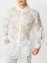 Mens Sheer Mesh See-Through Floral Flocking Shirt SKUJ36328