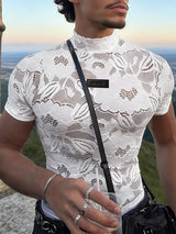 Men's Avant-Garde Semi-Sheer Floral Lace Mock Neck T-shirt SKUL58774