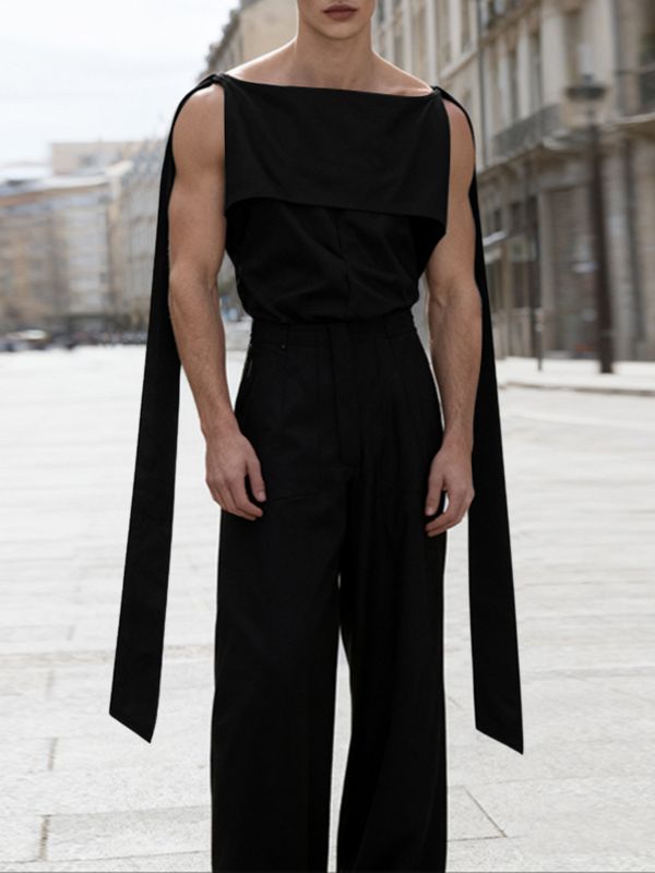 Men's Solid Color Ribbon Flap Off Shoulder Tank SKUL42647