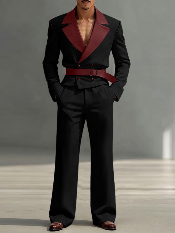 Men's Faux Leather Contrast Color Double Breasted Two Pieces Outfit SKUL47907