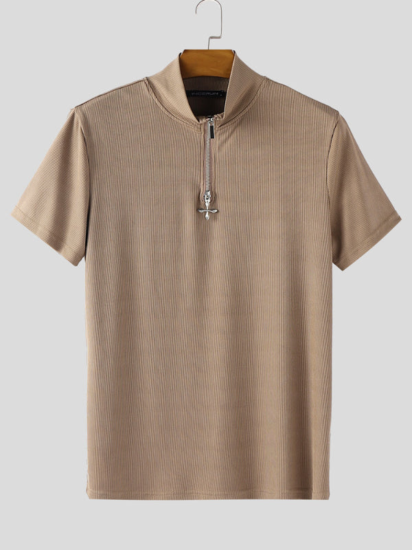 Mens Solid Color Textured Zipper Short Sleeve T-Shirt SKUL15196