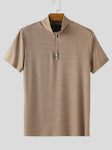 Mens Solid Color Textured Zipper Short Sleeve T-Shirt SKUL15196