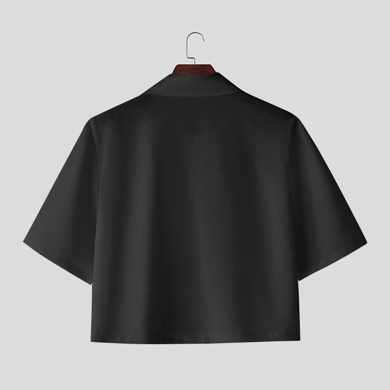 Mens Diamond Print Patchwork Cropped Short-Sleeve Shirt SKUL13692