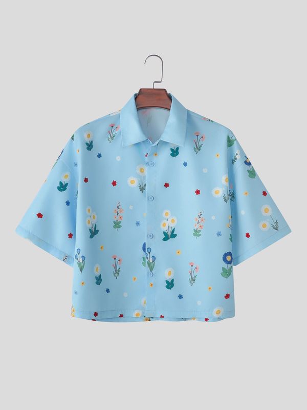 Men's Summer Vacation Floral Print Cropped Short Sleeve Button Up Casual Shirt SKUL69097