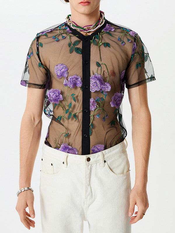 Mens Floral Embroidered See Through Shirt  SKUK50868