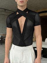 Men's Avant-Garde Sheer Mesh Double-Cross Wrap Cutout Bodysuit SKUL61684