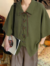 Men's Modern Relaxed Waffle Knit Lace-Up V-Neck Asymmetrical Hem Shirt SKUL59598