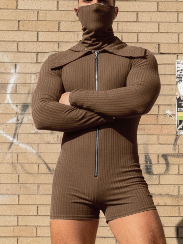 Men's Knitted Textured Lapel Zipper Long Sleeve Bodysuit SKUL45147