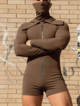 Men's Knitted Textured Lapel Zipper Long Sleeve Bodysuit SKUL45147