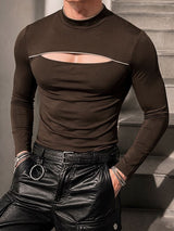 Men's Avant-Garde Darkwear Nightclub Party Chest Cut-Out Contrast Trim Mock Neck T-shirt SKUL86042