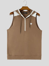 Men's Athletic Gym Half Zip Drawstring Hood Muscle Fit Sleeveless Hooded Collar Tank SKUL73201