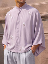Men's Zen Minimalist Tea Gathering Floral Branch Print Kimono Sleeve Stand Collar Shirt SKUL85445