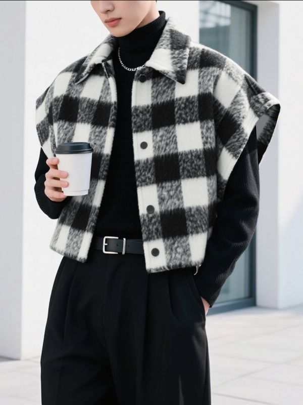 Men's Plaid Plush Cropped Casual Waistcoat SKUL32816