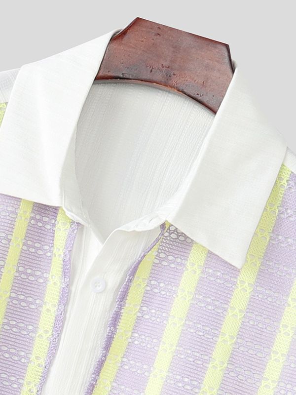Men's Bow Patchwork Striped Half Sleeve Shirt SKUL39389