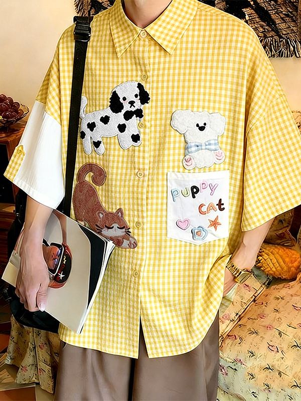 Men's Avant-Garde Playful Kidcore Gingham Patchwork Shirt SKUL59530