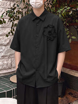 Men's K-Pop Streetwear 3D Floral Applique Ribbon Detailed Short Sleeve Shirt SKUL76570