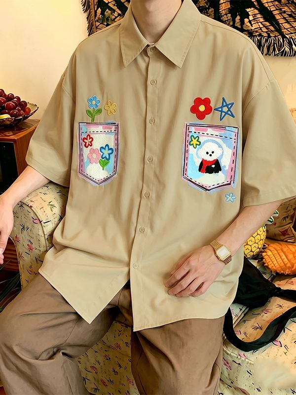 Men's Japanese Harajuku Style Playful Cartoon Print Short Sleeve Shirt SKUL69090