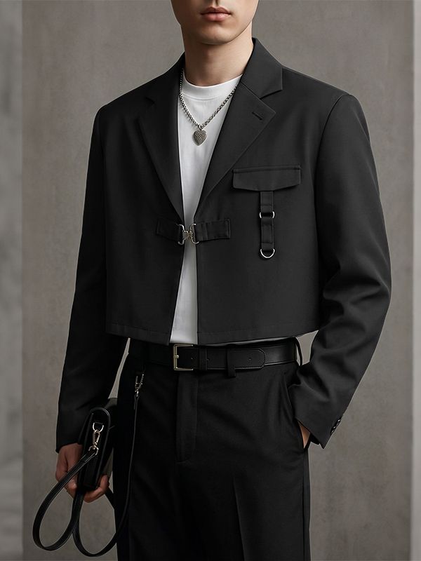 Men's Avant-Garde High Street Tactical Buckle Cropped Structured Blazer SKUL73644