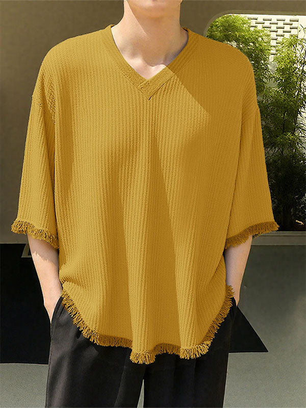 Mens Fringe Patchwork Textured Long Sleeve T-Shirt SKUL18775