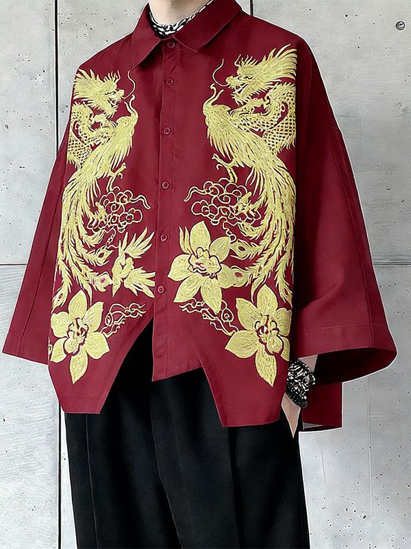 Men's New Chinese Style Dragon & Phoenix Print Asymmetrical Jagged Hem Shirt SKUL52937