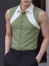 Men's High-End Urban Casual Contrast Panel Pinstripe Sleeveless Button-Up Shirt SKUL78279