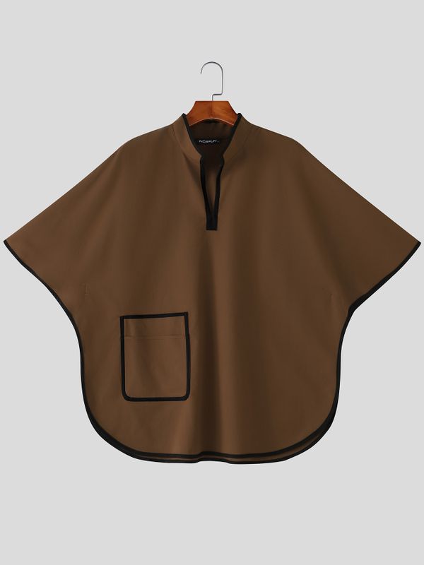 Men's Avant-Garde Resort Contrast Trim Front Pocket Half Sleeve Split Stand Collar Shirt SKUL79047