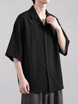 Men's Vintage Textured Drop Shoulder Cuban Collar Short Sleeve Shirt SKUL73655